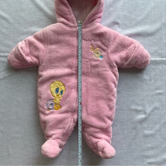 Y2K Baby Looney Tunes Tweety Bird Bear Snowsuit Cute Ears Pink Fuzzy 0/3M - Picture 11 of 13
